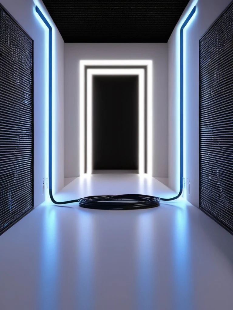 empty room, bottomless, webcam view, pared, futuristic with hell theme., cables hell neon, symmetrical image, hell, White wall, negro, Blue, study.