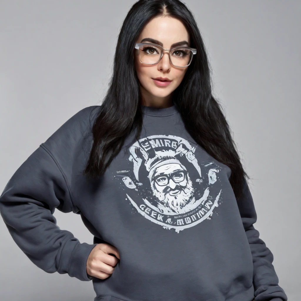 woman with huge and beautiful beard, long black hair, wears glasses, sweatshirt, geek nerd, plays video games