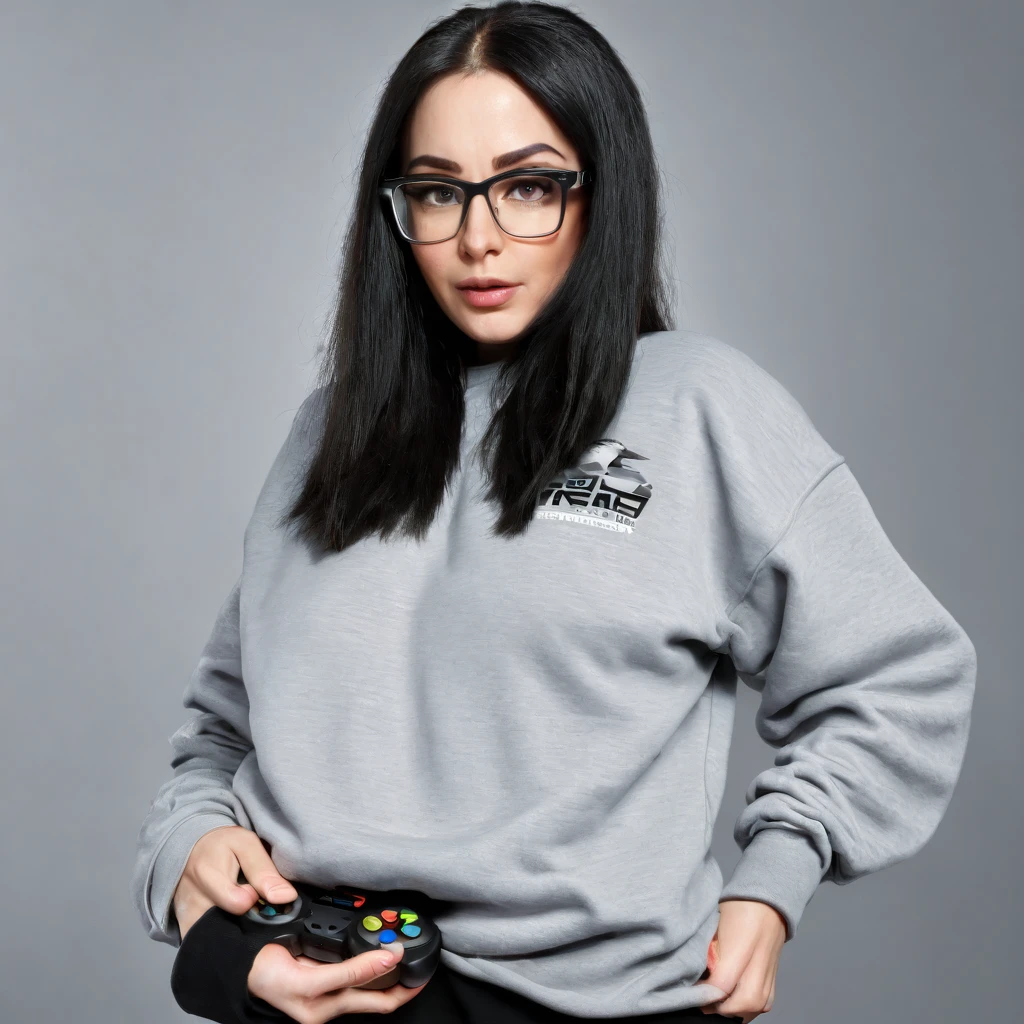 woman with huge and beautiful beard, long black hair, wears glasses, sweatshirt, geek nerd, plays video games