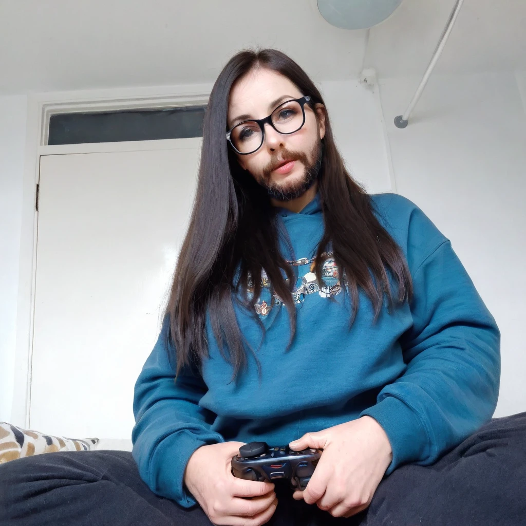 woman with huge and beautiful beard, long black hair, wears glasses, sweatshirt, geek nerd, plays video games
