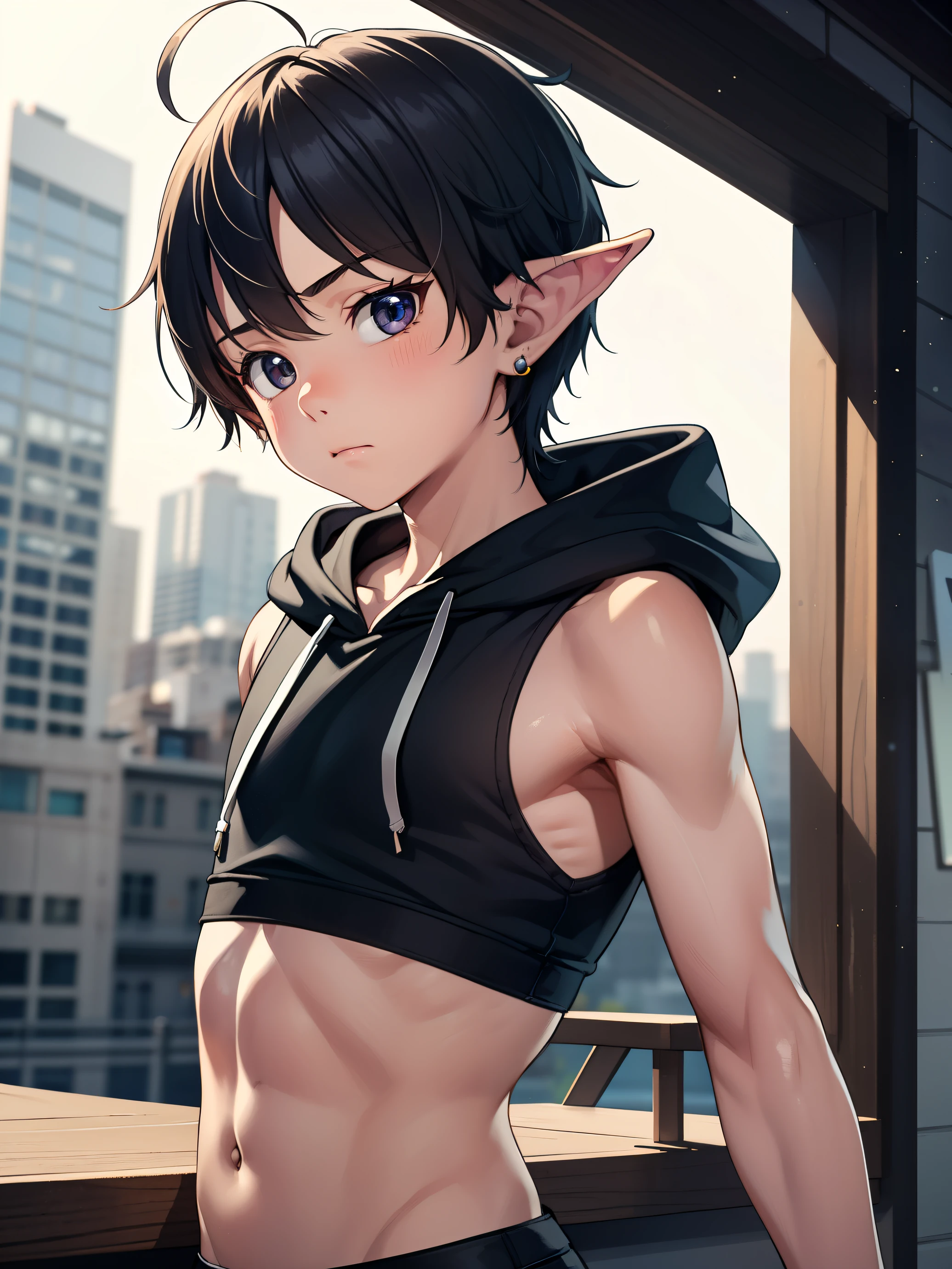 Highres, Masterpiece, Best quality at best,Best Quality,hight quality, hight detailed, Anime screencap style, 1boy, Young boy, Shota, Sleeveless hoodie, Elf ear, earring, Straight hair, Seen from the front, look at viewer, (very young boy), (very small and short body), Age 12, Such a cute smooth armpit, Cute armpit, sexy armpit, The armpits of a 12 year old boy, Adorable little armpits, seductive armpits, showing armpit, City, Blurry beckground, hansome boy, Uhd, 4k wallpaper