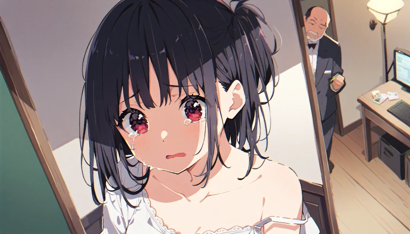 A crying young lady with long black hair、20age、clear、White lace long slip、In underwear、Inserted by a middle-aged man、Private room、whole body、Shyness、resistance、fear