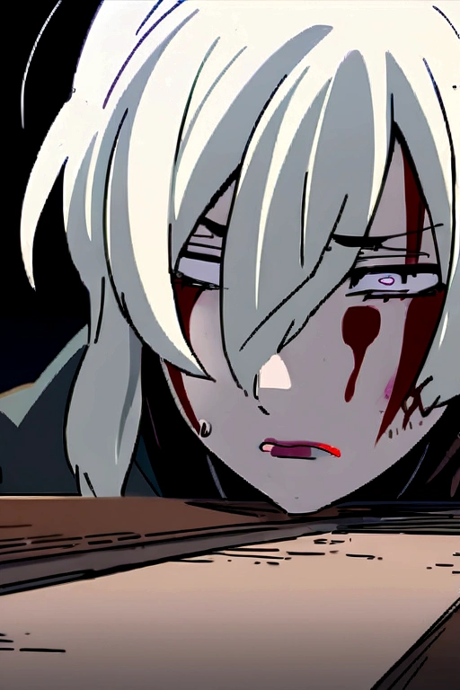 Imagine a woman on the floor, bloodied, expression of pain, face covered in blood, bleeding, dragging on the floor, makeup smeared, anime style.