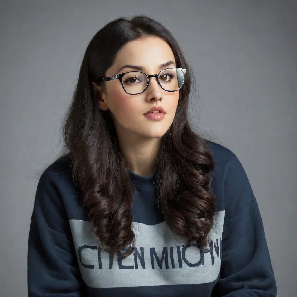 woman with huge and beautiful beard, long black hair, wears glasses, sweatshirt, geek nerd, plays video games