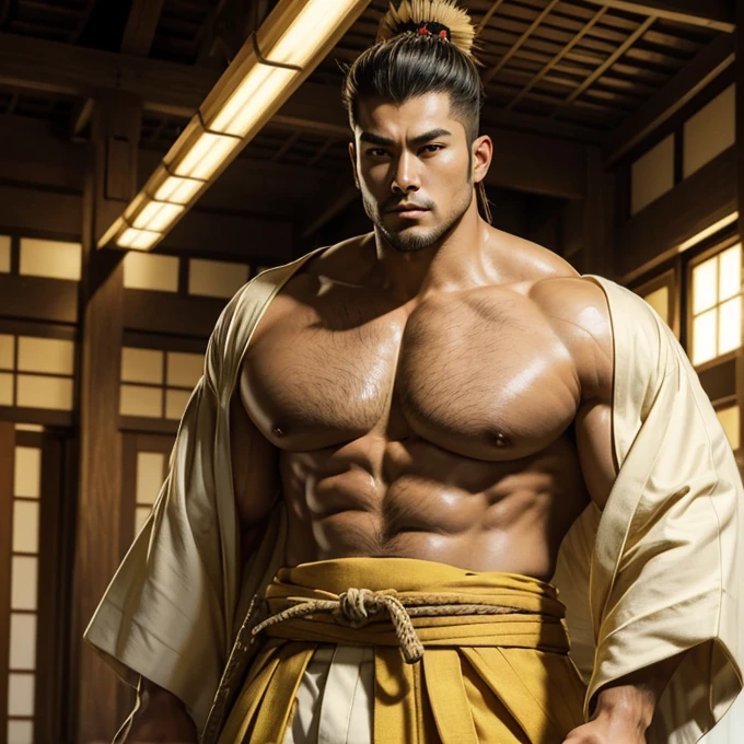 ((Masterpiece)), ((highly detailed)), a samurai, muscular body, big body, strong body, brown male kimono with yellow Squares, white tattsuke pants, katakana, samurai hair style, 