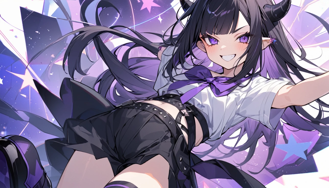 A girl with long black hair with straight bangs, with hair cut at the ends. Two large strands in the front, one bigger than the other. A rebel thread. A small white streak in your bangs. Two demon horns, one purple and one black, both with a dark purple star. one black eye and one purple eye. A purple star on your right cheek. black wide pants. All star shoe. Full white shirt with a bow tie with a star in the middle, with short sleeves.  Medium chest a little big . Grinning. She is a star demon. She is standing looking at the camera. In one of his eyes a star in the black eye case, in the black eye and just black. Sex girl. Sex girl.