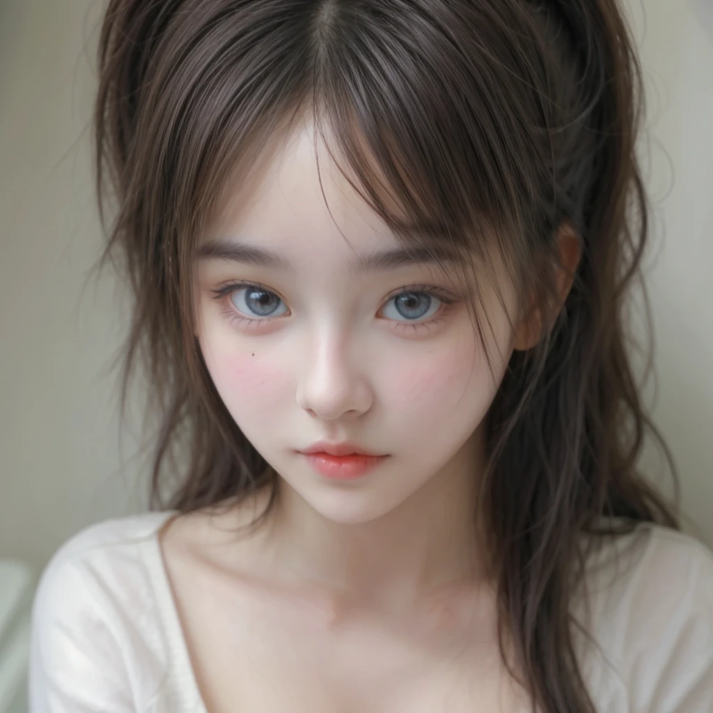 absurdres, (masterpiece, best quality), (ultra-detailed), extremely detailed,super high resolution, (Top Quality photorealistic Illustration), (Super Definition), (best quality,masterpiece:1.0),(cute illustration:1.3), (high Saturation:1.2), highres, ultra-detailed, 32k,8k resolution, intricate details, cinematic scene, detailed background, Soar (High chroma),(Sparkling),bathroom, BREAK (1 girl)  (kawaii:1.6), (cute:1.6), Beautiful and delicate eyes, Delicate and beautiful face, Facial accents, Perfect figure,(open shirt:1.6), (show off nipples:1.6), (exposing bare breasts:1.3), (exposed chest:1.3), (medium breasts:1.3),,Uniforms、bright expression、poneyTail、Young shiny shiny white shiny skin、Best Looks、Natural black hair with dazzling highlights、shiny light hair,、Super long silky straight hair、Beautiful bangs that shine、Double eyelids、eye liner、Glowing crystal clear attractive big brown eyes、Very beautiful nice cute 14 year old Nordic girl、