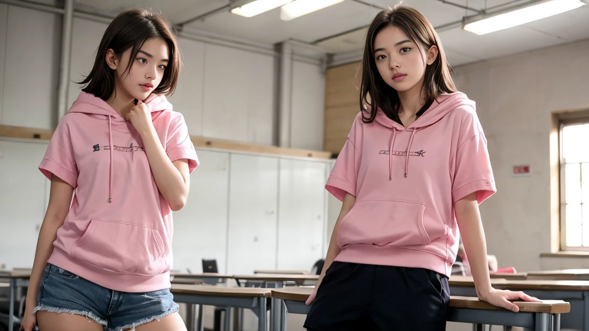 deux femmes ensemble de 18 ans sexy et mince , pink short sleeve hoodie , salle de classe, se touche,position sey,sensuel