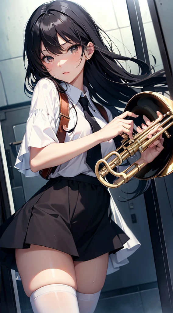 high resolution。High resolution、Low - Angle、masterpiece、Beautiful black-haired girl、17 years old、Round eyes、Playing the Trumpet、White sleevelesiniskirt and knee socks。sweating、high resolution8K