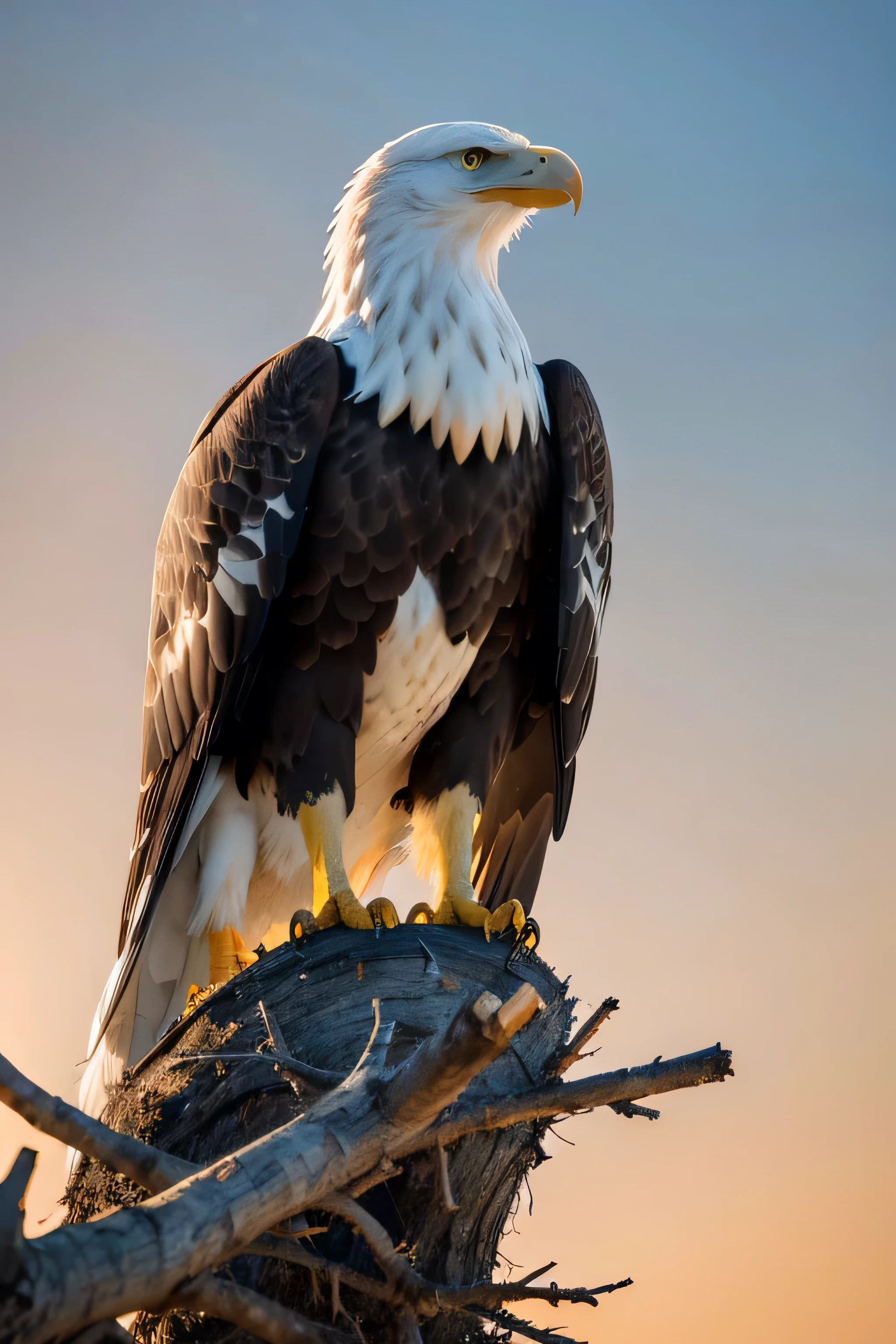 Create a majestic eagle perched in a sturdy nest atop a large, dry branch during a sunset. The eagle should appear powerful and commanding, looking directly at the viewer with intense eyes. Its feathers should be ruffled by the wind. The background should feature a dramatic sunset sky with bright orange tones, illuminated by the golden light of 5 PM. The lighting should highlight the eagle's feathers and create dramatic shadows on the nest and branch. Use an earthy color palette with accents of gold and gray. High-resolution (4K) for use as a poster or wallpaper.

