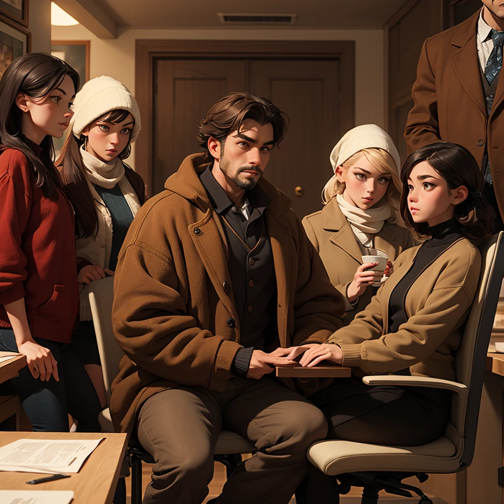 A man in the middle of the picture sitting on a chair and dressed in brown clothes. Around him stand four other people, all dressed in warm and thick clothes ,Ultra detail,8K