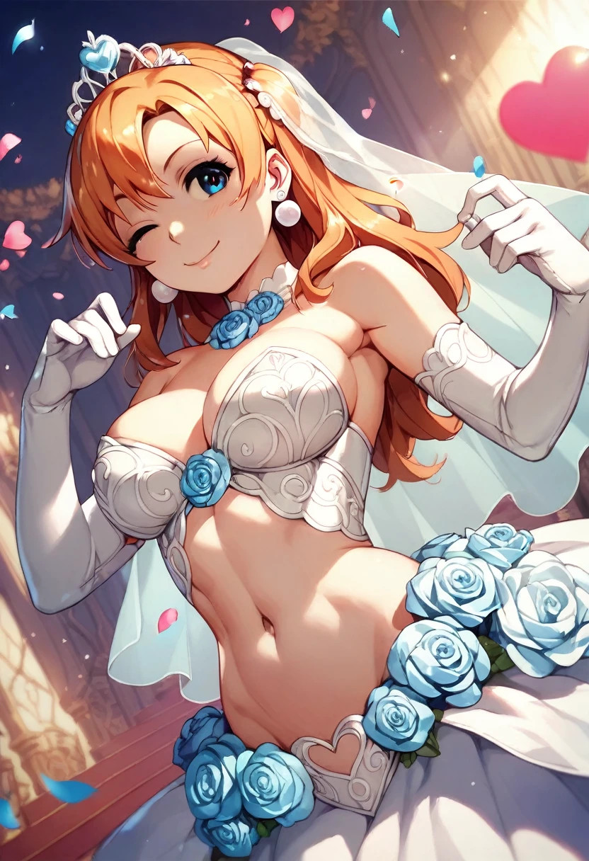 masterpiece, best quality,8k wallpaper, blue eyes, kousaka honoka, breasts , luxury party, wedding dress , colossal cleavage, one eye closed , navel cutout, spoken heart, elbow gloves, tiara , dynamic angle, (lip gloss:0.6), smile 