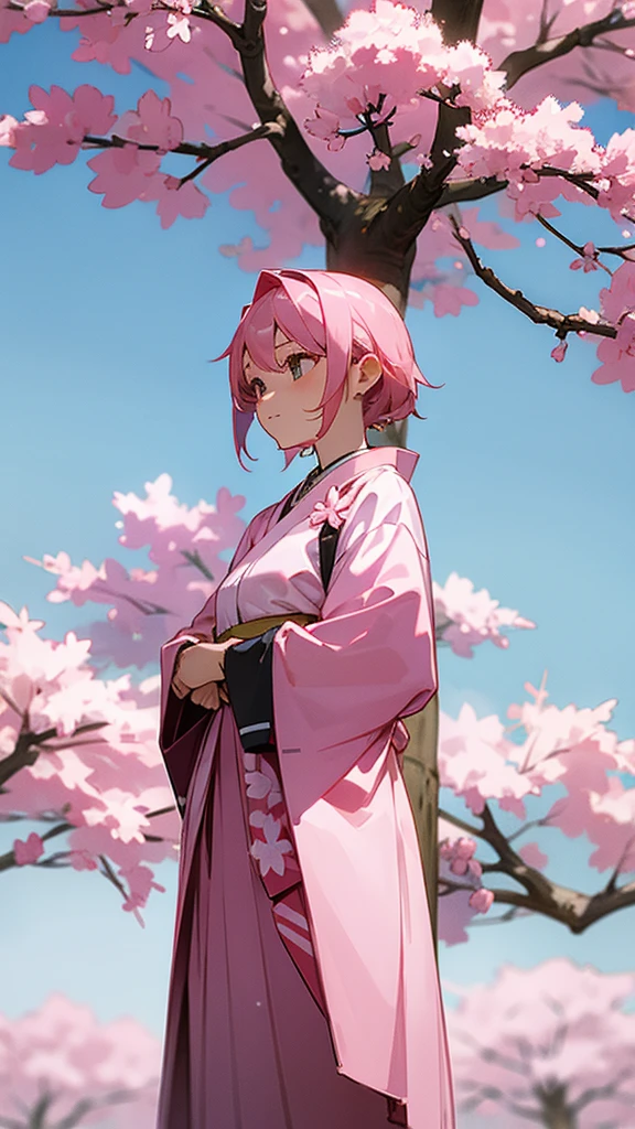 A girl with pink hair. She is standing under sakura tree