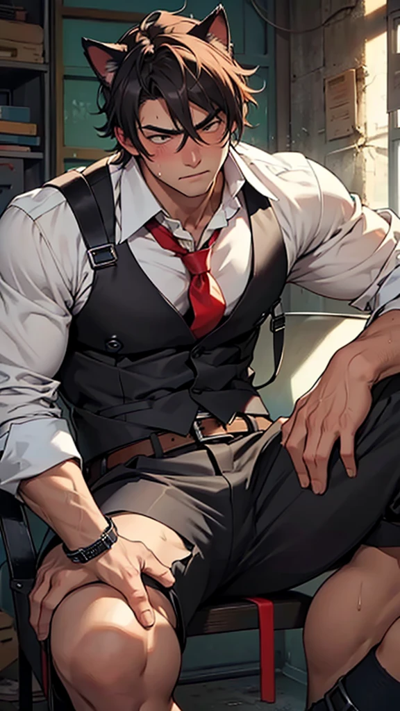 Generate an image of a muscular young man with dark, tousled hair and cat ears, sitting in a chair. He is visibly flushed and sweating, wearing a partially unbuttoned uniform shirt with a red tie, a harness, and various straps and buckles. His expression is a mix of exhaustion and pleasure, with a faint blush on his cheeks. The background is a plain, slightly grungy room, giving a gritty and intense atmosphere