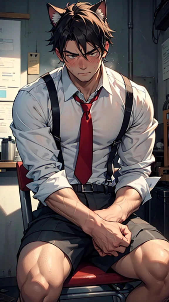 Generate an image of a muscular young man with dark, tousled hair and cat ears, sitting in a chair. He is visibly flushed and sweating, wearing a partially unbuttoned uniform shirt with a red tie, a harness, and various straps and buckles. His expression is a mix of exhaustion and pleasure, with a faint blush on his cheeks. The background is a plain, slightly grungy room, giving a gritty and intense atmosphere