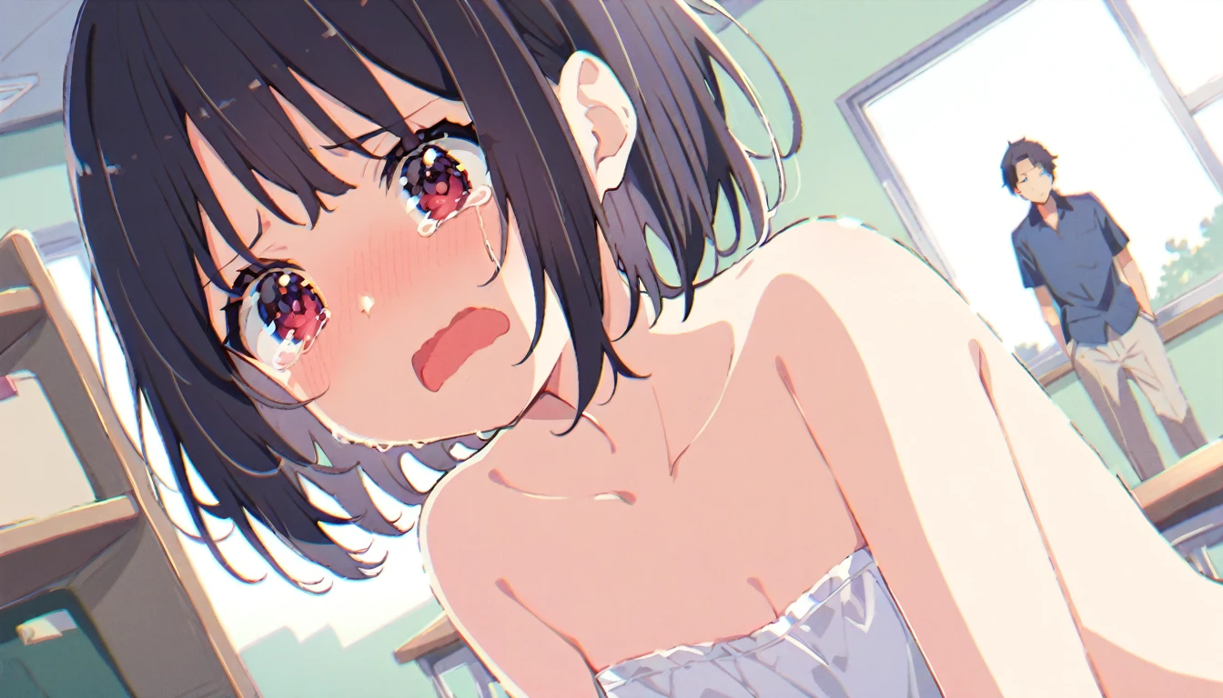 
A girl with black bob hair is crying and yelling in disgust、clear、Upper body naked、Pink Panties、The moment she is fucked by a naked middle-aged man in the cowgirl position、whole body、classroom、Shyness、resistance、fear