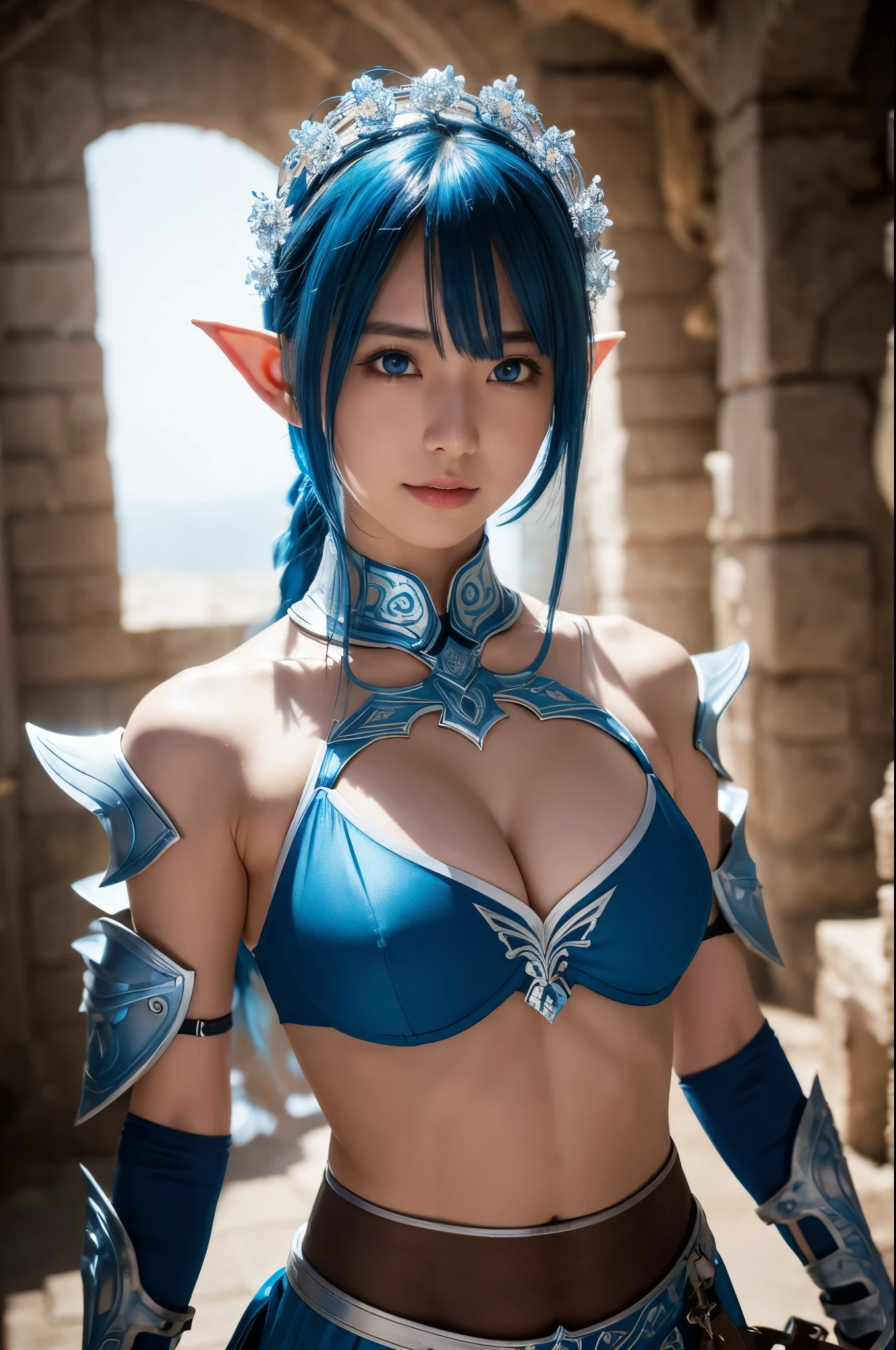 8K、Brown Elf,Blue and white very large chest armor(Metal)Elf wearing、Super Beauty(Like the real thing)、全身Sunburnした肌、Elf Ears,Blue and white very large chest armor、Model Chute Style、(the Extremely Detailed CG Unity 8K Wallpapers)、Full body photos of the most beautiful works of art in the world、Front 4 poses、Blue Hair、Blue and white combat skirt、diamond、Medieval architecture、trending at artstationh、CG trends、 Dense、Every detail、Sharp focus、very, very big breasts、blue eyes、Beholder、Beautiful expression、Accentuate your cleavage、Beautiful decoration、smile,Makeup,Inside the cave,全身Sunburnした肌,美しいBlue Hair,Sunburnした肌,Dark skinned female elf,Rich colors, Backlight, Cinema Lighting, Film Grain, 50mm lens, Nikon D850,Ultra-high resolution,Ultra-realistic,Dynamic fighting poses,Blue and white very large chest armor(Metal),In a dimly lit dungeon,Makeup,Sunburnした肌,Sunburn,浅黒くSunburn,