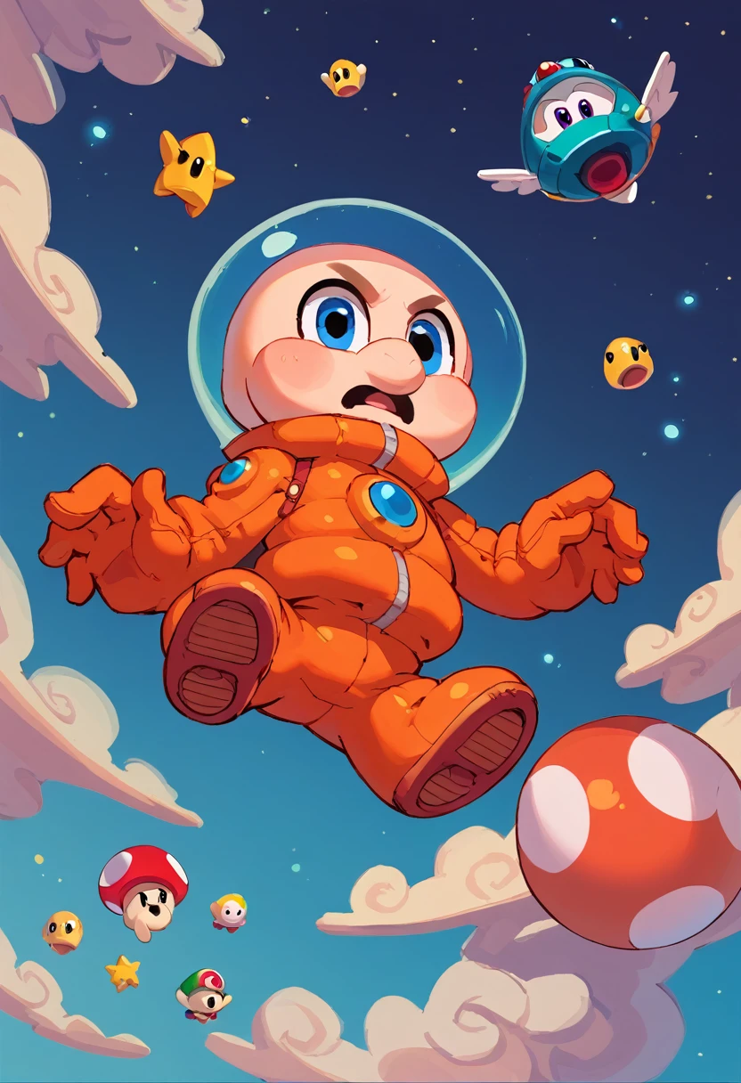 Toad, toad from mario bros, flying in the space, space suit