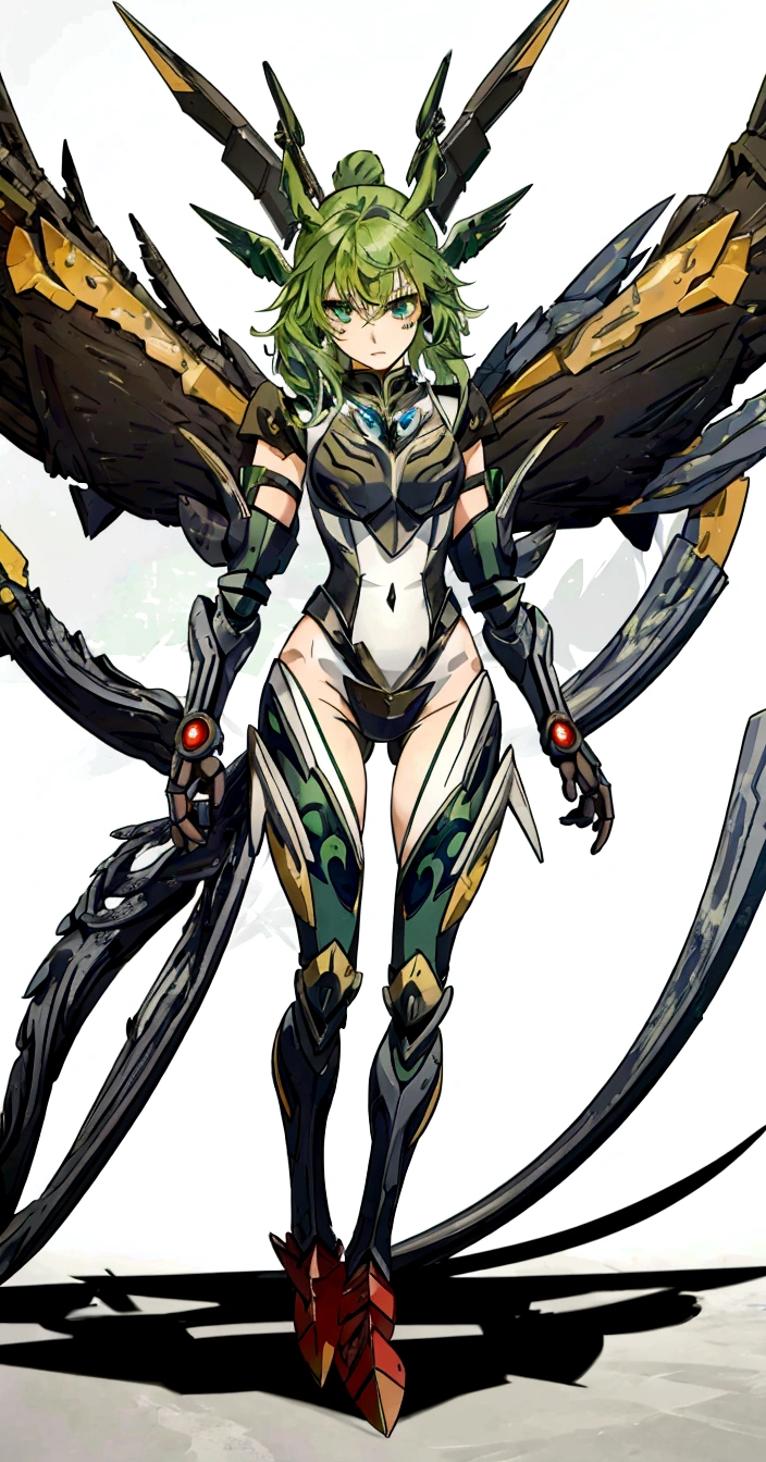 Drawing of a female character with green hair and wings, mechanized valkyrie girl, Wearing Witchblade Armor, anime character; full body art, anime monster girl, detailed anime character art, dark goddess with six arms, zodiac girl, Insect-like, armor girl, Girl wearing mechanical cyber armor, Queen of Blades, wearing monster hunter armor