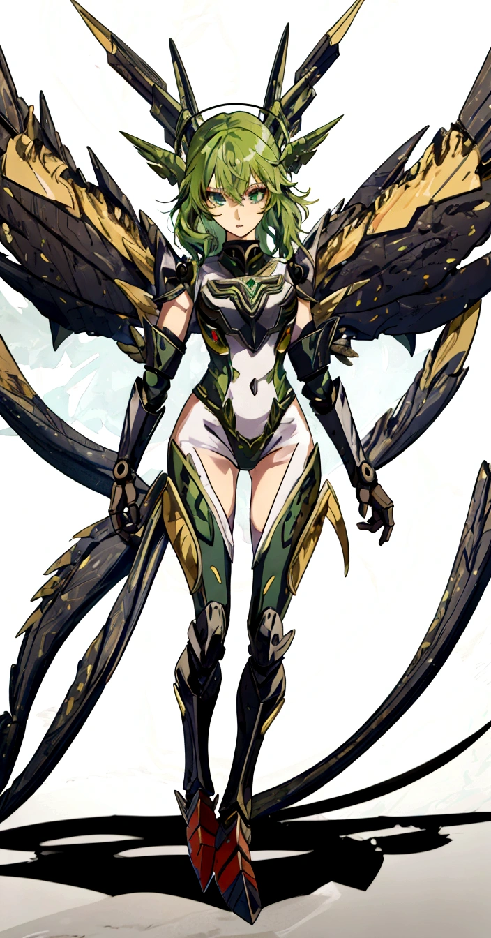 Drawing of a female character with green hair and wings, mechanized valkyrie girl, Wearing Witchblade Armor, anime character; full body art, anime monster girl, detailed anime character art, dark goddess with six arms, zodiac girl, Insect-like, armor girl, Girl wearing mechanical cyber armor, Queen of Blades, wearing monster hunter armor