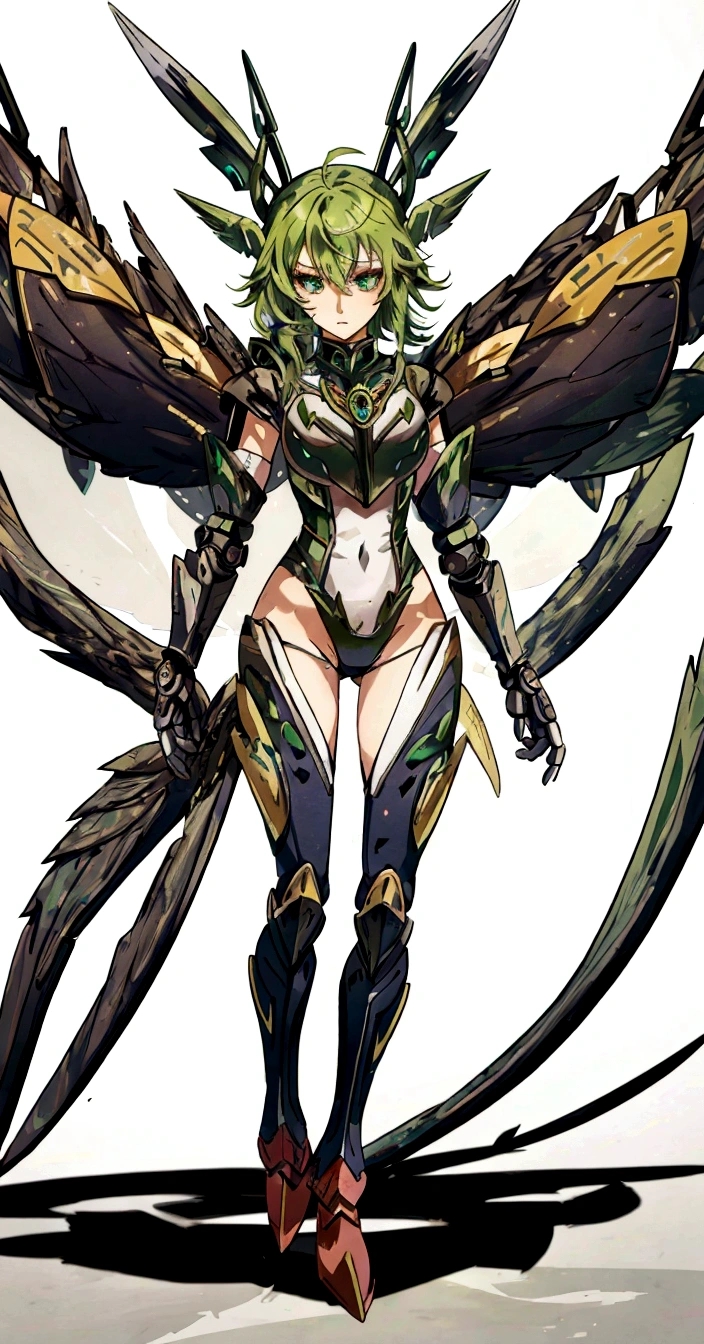 Drawing of a female character with green hair and wings, mechanized valkyrie girl, Wearing Witchblade Armor, anime character; full body art, anime monster girl, detailed anime character art, dark goddess with six arms, zodiac girl, Insect-like, armor girl, Girl wearing mechanical cyber armor, Queen of Blades, wearing monster hunter armor