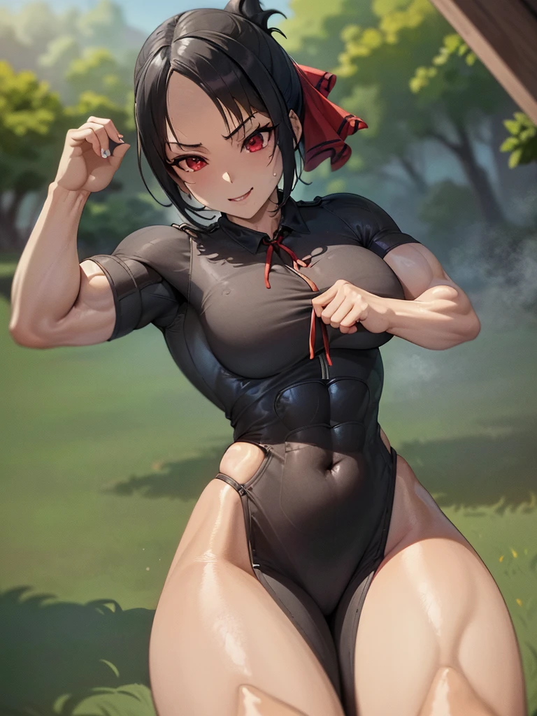 best qualityer, (Masterpiece artwork: 1.2), detailded, shinomiya kaguya, 1girl, 独奏, cloused mouth, drlight smile, Bblack hair, Eyes red, shorth hair, folded ponytail, hair ribbon, SLEEVELESS, red ribbon, standing, gazing at viewer, medium breasts, (((bloodstains, Evil, cruel girl, musculosa extremely muscular, extremely muscular, extremely large physique, pernas extremely musculars, muscular body,Sex,dominant, bloodstains bloodstains no corpo, evil smile,latex clothes))).