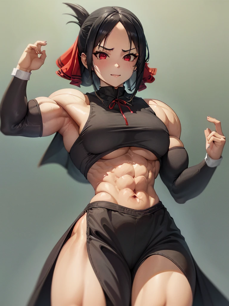 best qualityer, (Masterpiece artwork: 1.2), detailded, shinomiya kaguya, 1girl, 独奏, cloused mouth, drlight smile, Bblack hair, Eyes red, shorth hair, folded ponytail, hair ribbon, SLEEVELESS, red ribbon, standing, gazing at viewer, medium breasts, (((bloodstains, Evil, cruel girl, musculosa extremely muscular, extremely muscular, extremely large physique, pernas extremely musculars, muscular body,Sex,dominant, bloodstains bloodstains no corpo, evil smile,latex clothes))).