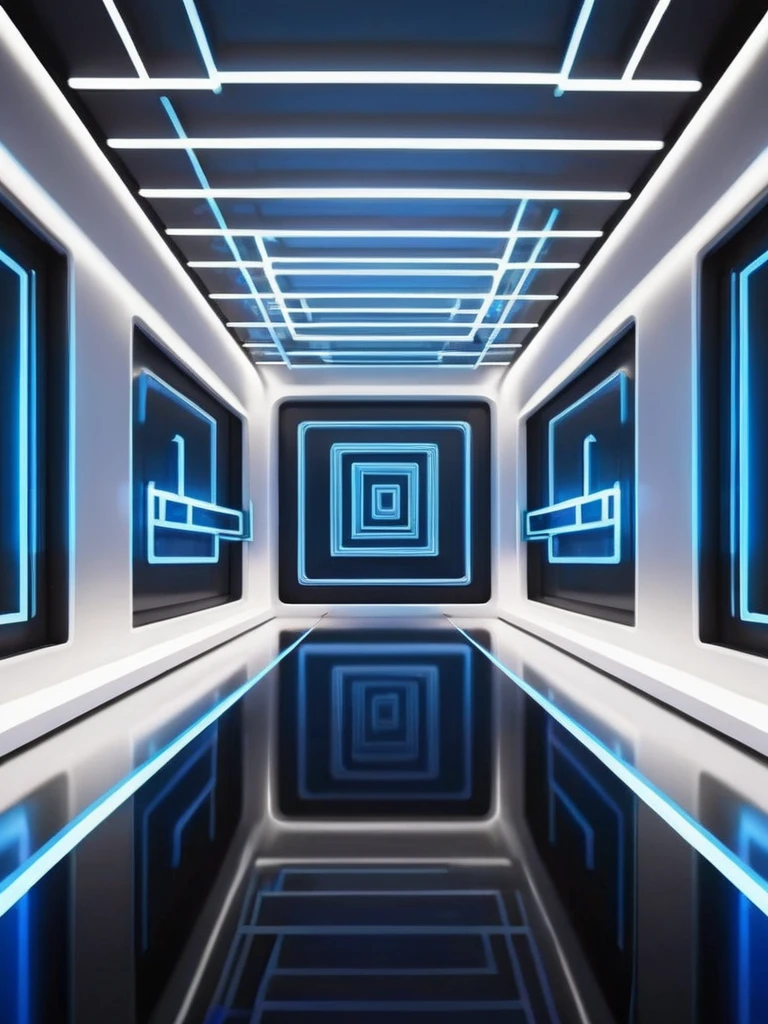 music producer studio, sala vacía con neones bluees, neon futuristic background image, symmetrical image, hell, White wall, negro, blue, abstract.