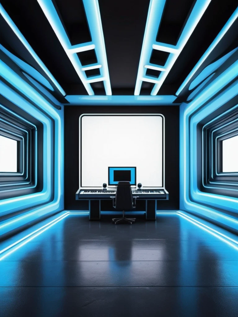 music producer studio, sala vacía con neones bluees, neon futuristic background image, symmetrical image, hell, White wall, negro, blue, abstract.