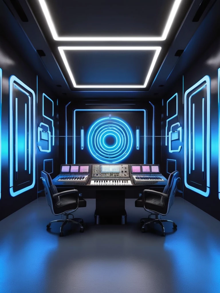 music producer studio, sala vacía con neones bluees, neon futuristic background image, symmetrical image, hell, White wall, negro, blue, abstract.