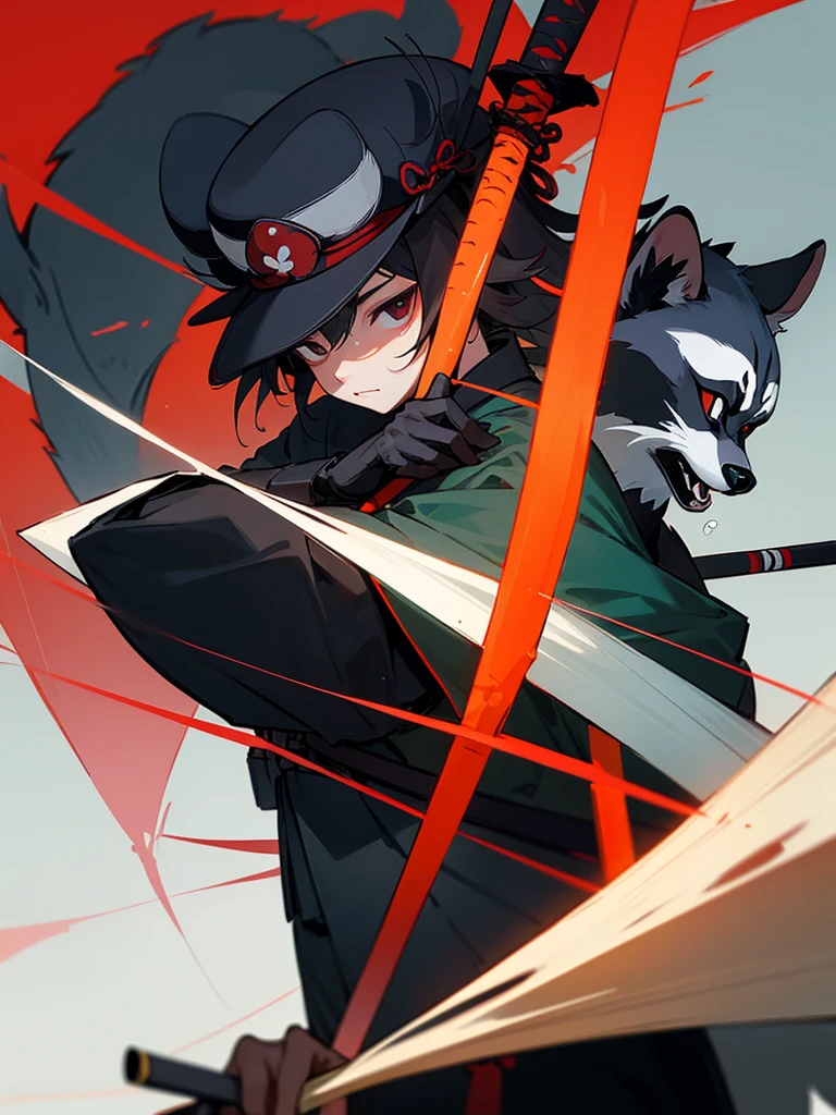 The wild raccoon man wears a ronin uniform and a straw samurai hat ,anime ,รายละเอียดน้อย