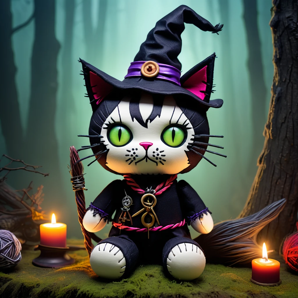 (knitted toy voodoo doll:1.7), (voodoo cat:1.8), (Clothing: stitched patches, ragged cloth:1.0), (Accessories: magical amulet, small witch hat:1.2), (background: eerie forest with glowing eyes and mystical fog:1.2), (mystical, magical, eerie atmosphere:1.5), best quality, masterpiece, detailed soft oil painting, detailed background, dramatic cinematic lighting, soft edge lighting, professional, dramatic lighting, hard edge lighting, ultra quality, 4k,masterpiece, best quality, 8k, ultra highres, highres, extremely detailed