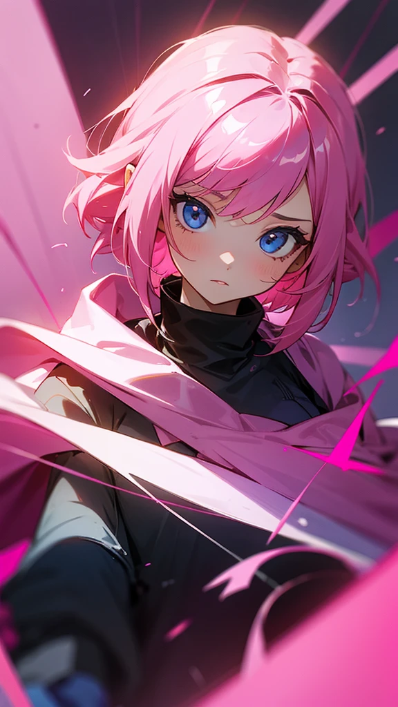 A girl with pink hair.