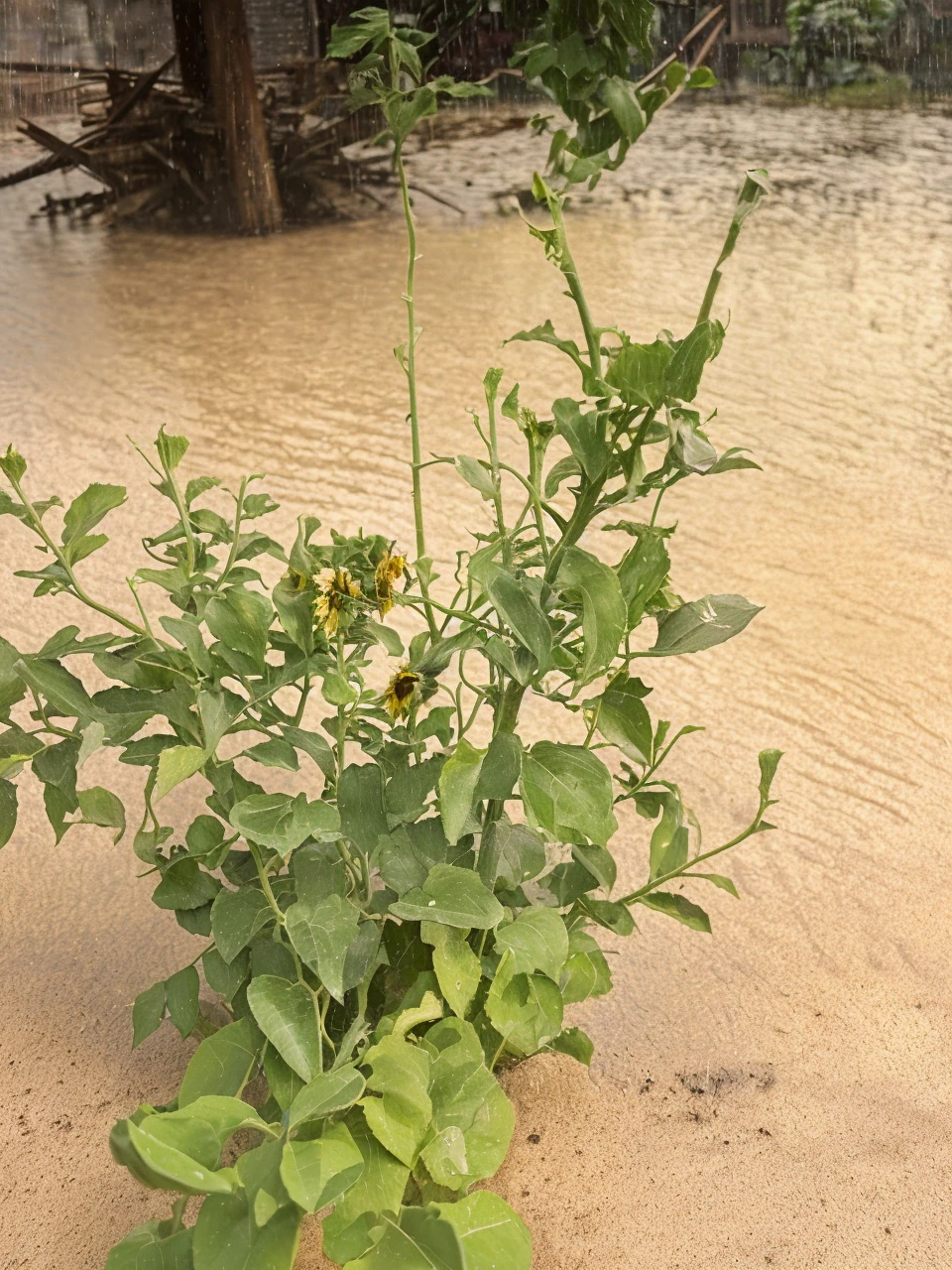 Background with darkness and rain with sunflowers on the side 