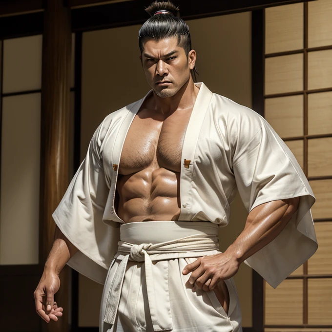 ((Masterpiece)), ((highly detailed)), a samurai, muscular body, big body, strong body, brown male kimono, white tattsuke pants, katakana, samurai hair style, shaved face, age 50, angry face, full body,