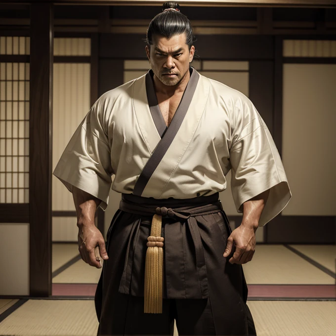 ((Masterpiece)), ((highly detailed)), a samurai, muscular body, big body, strong body, brown male kimono, white tattsuke pants, katakana, samurai hair style, shaved face, age 50, angry face, full body, 