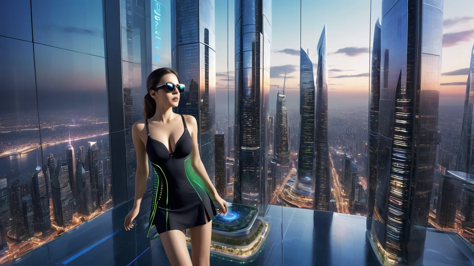aerial view. Estilo: arte conceitual. A cena: Futuristic cityscapes with all-glass towering skyscrapers and (sleek aerodynamic vehicles) speeding through the air, 1drone. High-resolution OLED GUI interfaces in the building, The windows are filled with transparent data visualization infographics that show it all, from weather patterns to traffic flow, Matrix cascading code. Colors are saturated and vibrant, com rosas e roxos quentes dominando o horizonte. Matrix style, at night, dark sky, (((1girl, solo))), photo realistic, (((medium-breast:1.3 slim body, cleavage))), (((tube top, extreamly short pleated miniskirt exposing panty))), (((((((matrix style black sunglasses))))))), (((aiming at camera with a mini pistol))), (((((looking at camera))))), (((((half-body thigh level medium shot))))), (((cinematic lighting))).
