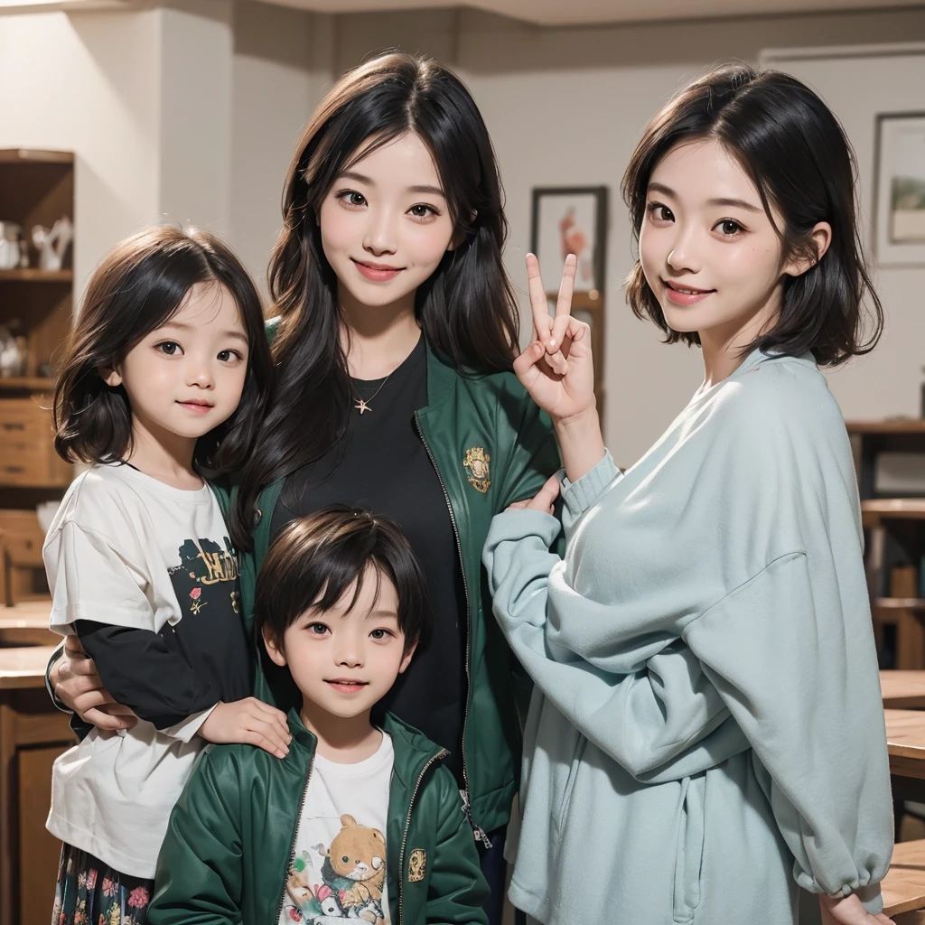 Highest quality,masterpiece,超A high resolution,Perfect Anatomy,(Faithfulness:1.4),RAW Photos,smile,Children of short-haired boys,Woman with long hair and 2 year old boy with short hair,a woman and small boy, Mom and short-haired son,Gorgeous Mother And Smiley Boy,(Big tree々Parks with)(((Big treeの後ろに隠れている母)))、(hide and seek)Cowboy Shot,Cinema Lighting,Fashion model parents,Adorable,, (Browsing Caution:1.2)、(母親を探しているBlack Hairの赤ちゃん)、(Long-haired mom and short-haired son)、(Mother in a green jacket and son in a black jacket)、 A confident smile, かわいいポーズをとっているtwo students demonstrating a gesture commonly associated with a peace sign while speaking by teleTelephone, skirt, Black Hair, indoor, in, Telephone, shirt, ((((complete fiine fingers))))