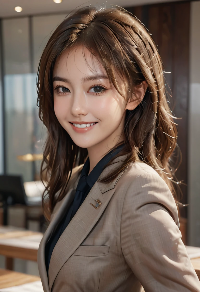 table top, highest quality, realistic, Super detailed, finely, High resolution, 8k wallpaper, 1 beautiful woman,, light brown messy hair, wearing a business suit, sharp focus, perfect dynamic composition, beautiful and detailed eyes, thin hair, Detailed realistic skin texture, smile, close-up portrait, model body shape