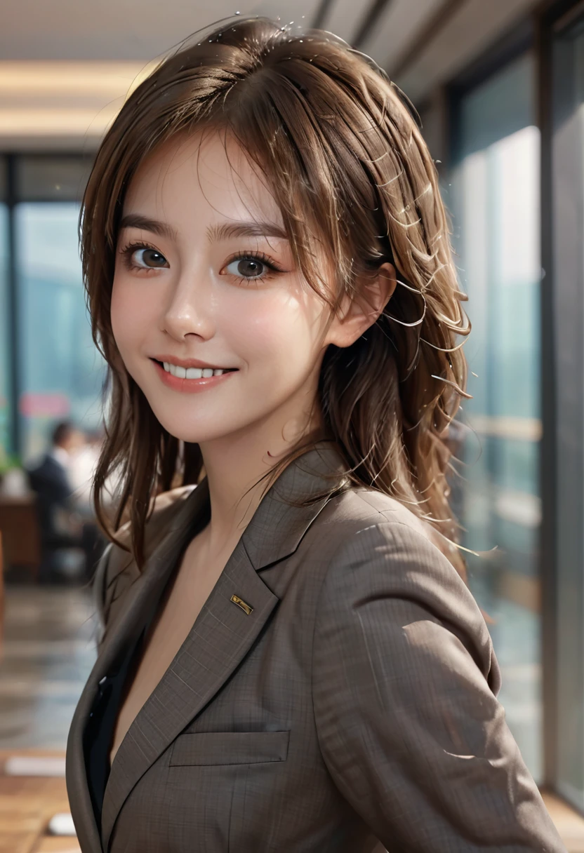 table top, highest quality, realistic, Super detailed, finely, High resolution, 8k wallpaper, 1 beautiful woman,, light brown messy hair, wearing a business suit, sharp focus, perfect dynamic composition, beautiful and detailed eyes, thin hair, Detailed realistic skin texture, smile, close-up portrait, model body shape