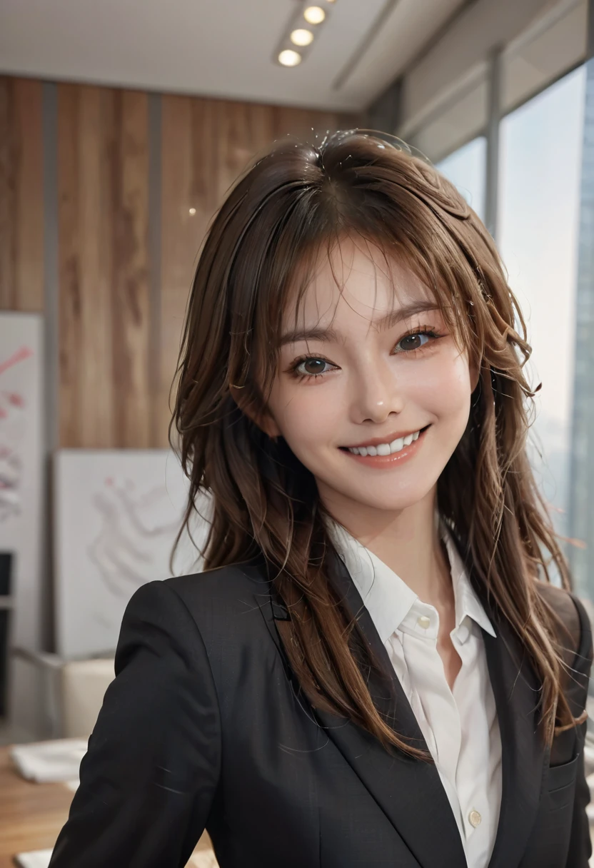 table top, highest quality, realistic, Super detailed, finely, High resolution, 8k wallpaper, 1 beautiful woman,, light brown messy hair, wearing a business suit, sharp focus, perfect dynamic composition, beautiful and detailed eyes, thin hair, Detailed realistic skin texture, smile, close-up portrait, model body shape