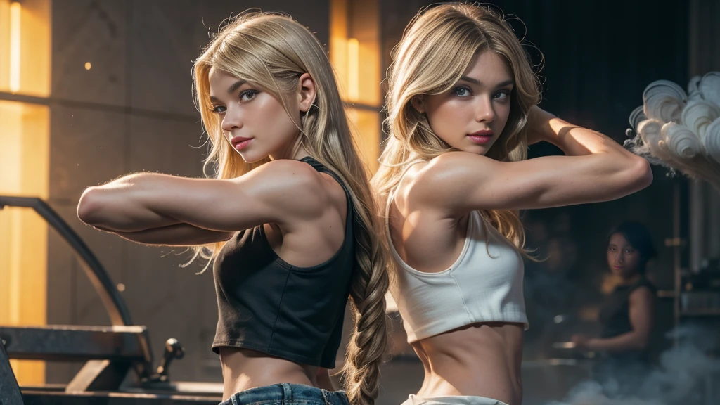 Cute, gorgeous, Caucasian girl, teen, fit, (muscular:1.3), 18, (flexing biceps:1.5), abs, slender, slim, (long flowing blonde hair:1.5), blue eyes, glamorous, seductive, stunning, flawless, perfect, beautiful, cute, pretty, coy smile, full body, (dressed in short shorts and crop top), masterpiece, 8k, highly detailed, sexy, SLR lighting, SLR camera, ultra-quality, sharpness, depth of field, film grain (center), Fujifilm XT3, crystal clear, frame center, beautiful face, sharp focus, detailed skin pores, tiny waist, colorful, hyper-detail, dramatic light, intricate detail, photograph by arny freytag, (flexing bicep pose), sexy, hyper smoke, dark background, (dainty:1.3), from side