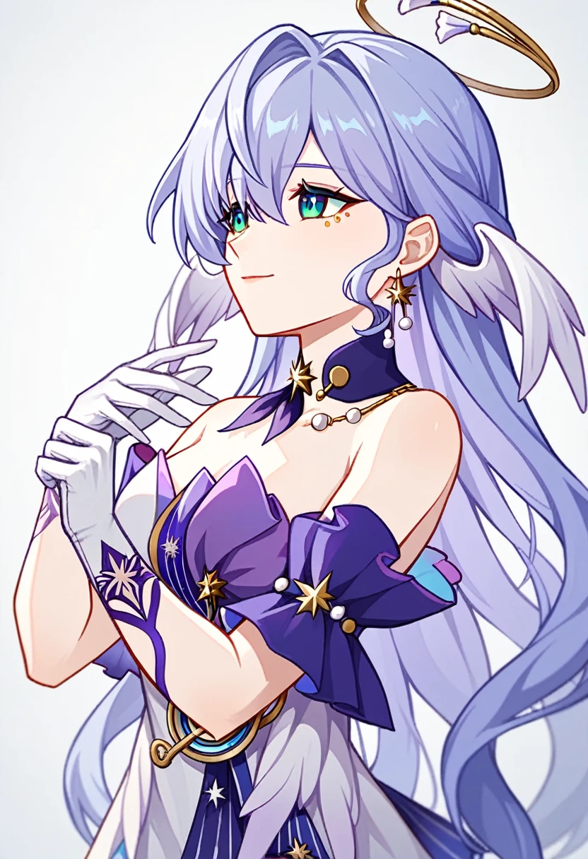 1girl, robin_\(honkai:_star_rail\), bare_shoulders, head_wings, white_dress, white_gloves, detached_sleeves, short_sleeves, aqua_eyes, long_hair, halo, purple_dress, hair_between_eyes, earrings, purple_hair