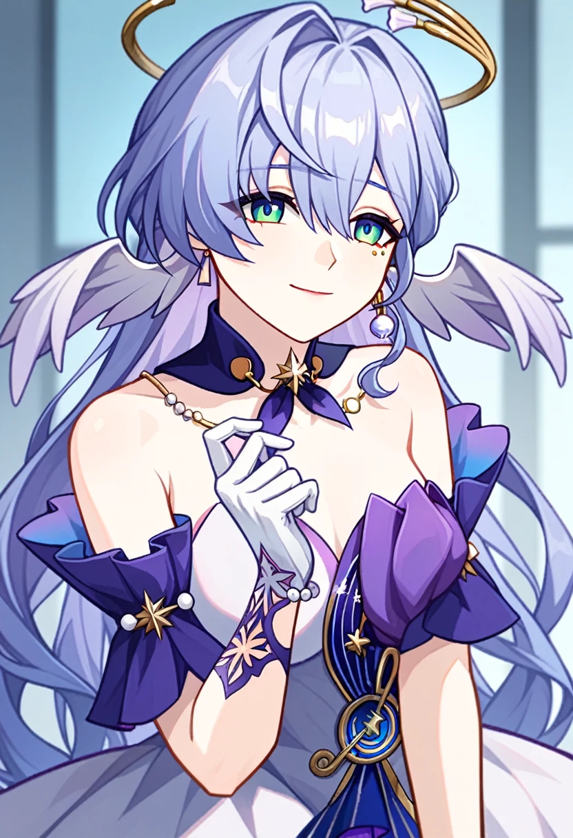 1girl, robin_\(honkai:_star_rail\), bare_shoulders, head_wings, white_dress, white_gloves, detached_sleeves, short_sleeves, aqua_eyes, long_hair, halo, purple_dress, hair_between_eyes, earrings, purple_hair