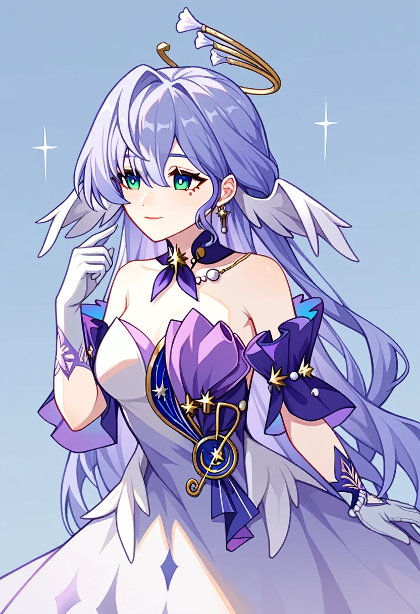 1girl, robin_\(honkai:_star_rail\), bare_shoulders, head_wings, white_dress, white_gloves, detached_sleeves, short_sleeves, aqua_eyes, long_hair, halo, purple_dress, hair_between_eyes, earrings, purple_hair