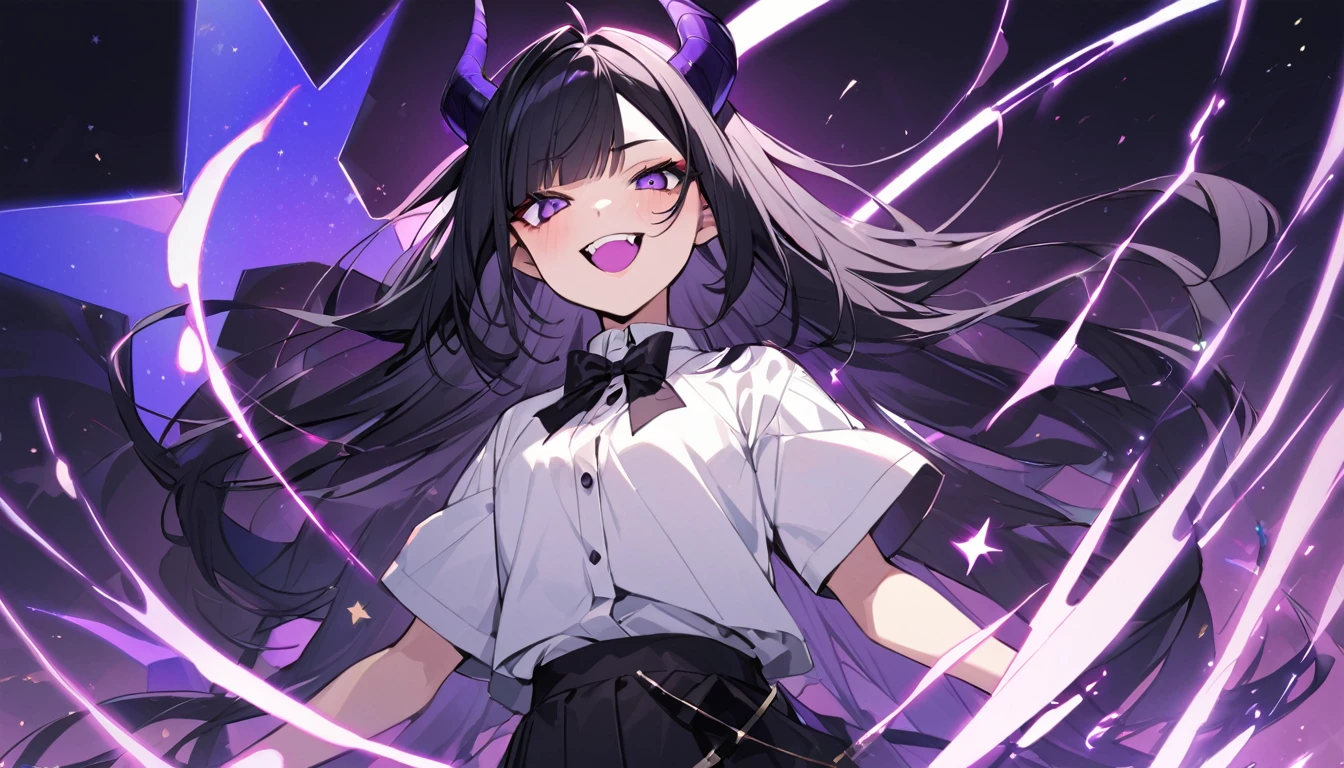 A girl with long black hair with straight bangs, with hair cut at the ends. Two large strands in the front, one bigger than the other. A rebel thread. A small white streak in your bangs. Two demon horns, one purple and one black, both with a dark purple star. one black eye and one purple eye. A purple star on your right cheek. black wide pants. All star shoe. Full white shirt with a bow tie with a star in the middle, with short sleeves. a little big chest . Grinning. She is a star demon. She is standing looking at the camera. In one of his eyes a star in the black eye case, in the black eye and just black. Sex girl. Sex girl.