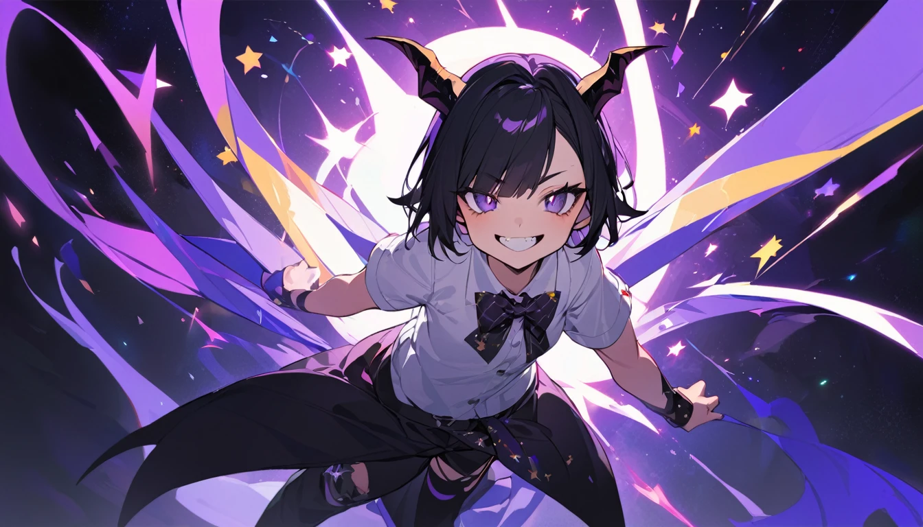 A girl with long black hair with straight bangs, with hair cut at the ends. Two large strands in the front, one bigger than the other. A rebel thread. A small white streak in your bangs. Two demon horns, one purple and one black, both with a dark purple star. one black eye and one purple eye. A purple star on your right cheek. black wide pants. All star shoe. Full white shirt with a bow tie with a star in the middle, with short sleeves. a little big chest . Grinning. She is a star demon. She is standing looking at the camera. In one of his eyes a star in the black eye case, in the black eye and just black. Sex girl. Sex girl.