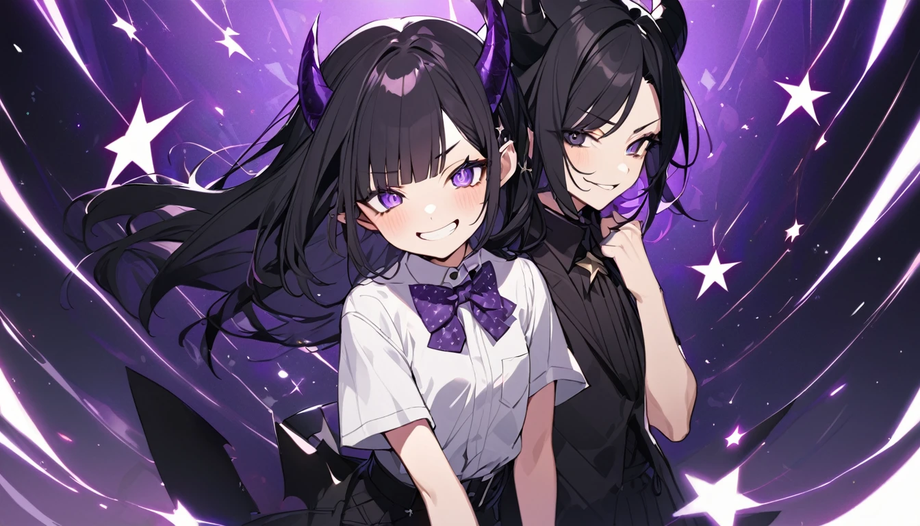 girl with long black hair with straight bangs, with hair cut at the ends. Two large strands in the front, one bigger than the other. A rebel thread. A small white streak in your bangs. Two demon horns, one purple and one black, both with a dark purple star. one black eye and one purple eye. A purple star on your right cheek. black wide pants. All star shoe. Full white shirt with a bow tie with a star in the middle, with short sleeves.  a big chest . Grinning. She is a star demon. In one of his eyes a star in the black eye case, in the black eye and just black. Sex girl. Sex girl. One black eye and one purple eye. She is sitting with a sleepy expression. She is almost asleep sitting up. She has a sleepy expression 