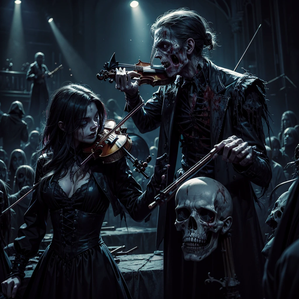 A almost skeletal zombie playing a violin and next to him a dark undead singing, both are on a dilapidated gothic style stage, the atmosphere is eerie