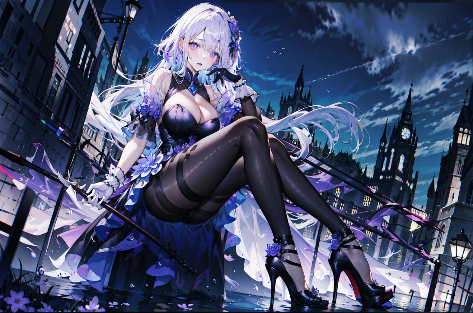 ((masterpiece:1.4,best quality)),(Super detailed),(Extremely detailed eyes),(Shiny socks:1.5),Hello Darkness
(Cute girls),,(Blood-red pupils,Diamond-shaped pupil:1.15),Purple Eyeshadow,(elongated hair,Thick hair,Single ponytail,shiny hair:1.5)(Changes through:1.2),despair,sad,Empty eyes,tears streaming down my face,tilting its head to the side,
(She wore a blue dress,:1.5),(Black gloves:1.4)Very long plush sleeves,White,White Cloud,Dream bubbles ,Ice and glitter effects
(Black long skirt:1.1),
((Starry Sky:1.2)),
(Intense black and white:1.16),(Depth of Field:1.4),,Intricate details,(((Detailed background,Castle in the Sky,Purple flowers by the lake))),(((Huge breasts,Bare breasts,Deep cleavage,White stiletto high heels,Transparent clothes)))